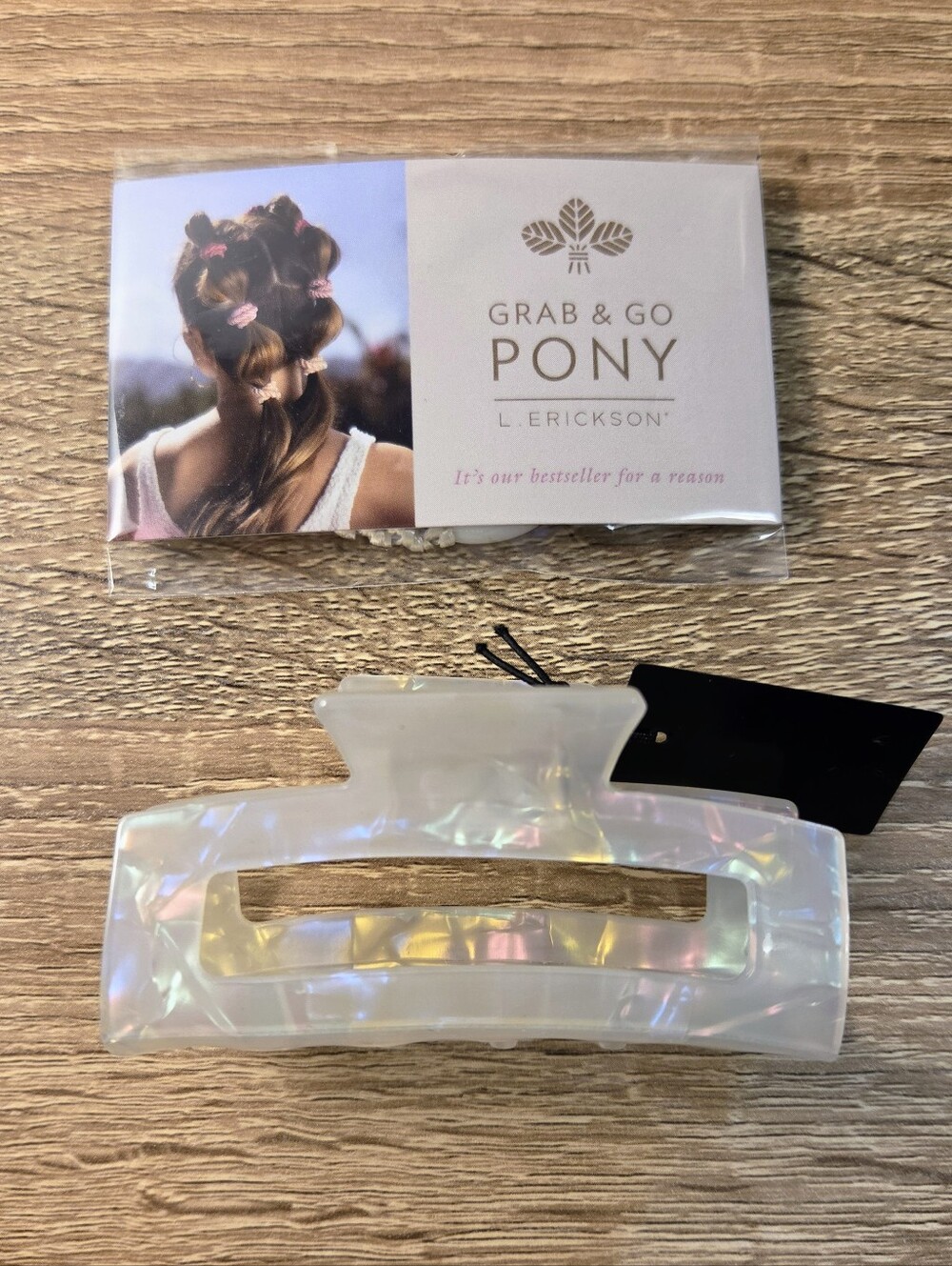 France Luxe L. Erickson Rectangle Claw Clip + Grab & Go Pony Hair Tie - Opal - Picture 5 of 7